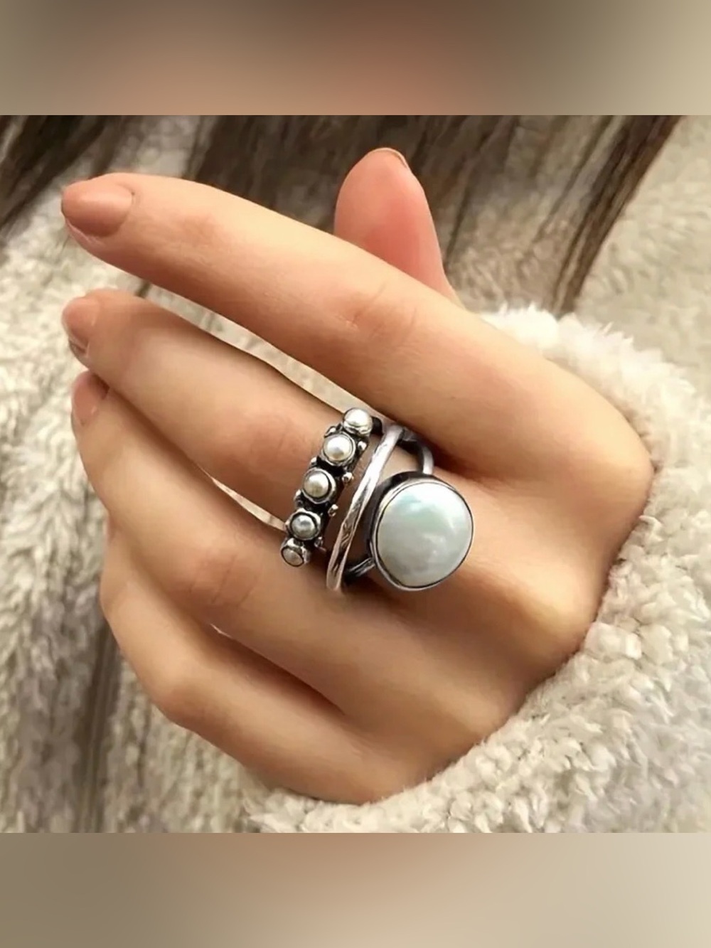 Sterling Silver Pearl Stackable Ring Set in White